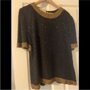 Vintage Laurence Kazar Black Top with Gold Beaded Collar